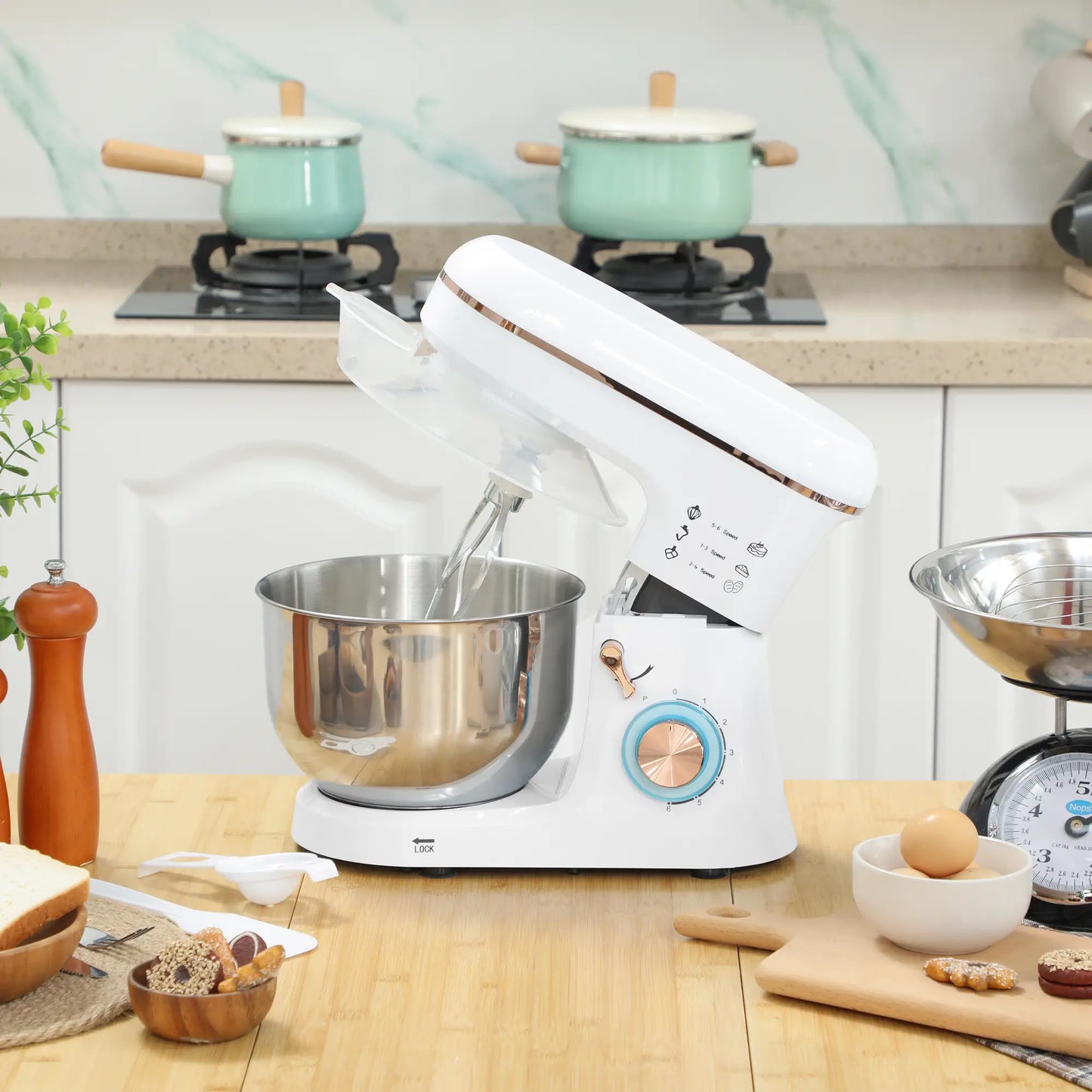 HOMCOM Stand Mixer, 5L Electric Kitchen Food Mixer 1400W with 6 Speeds & Pulse Setting, White