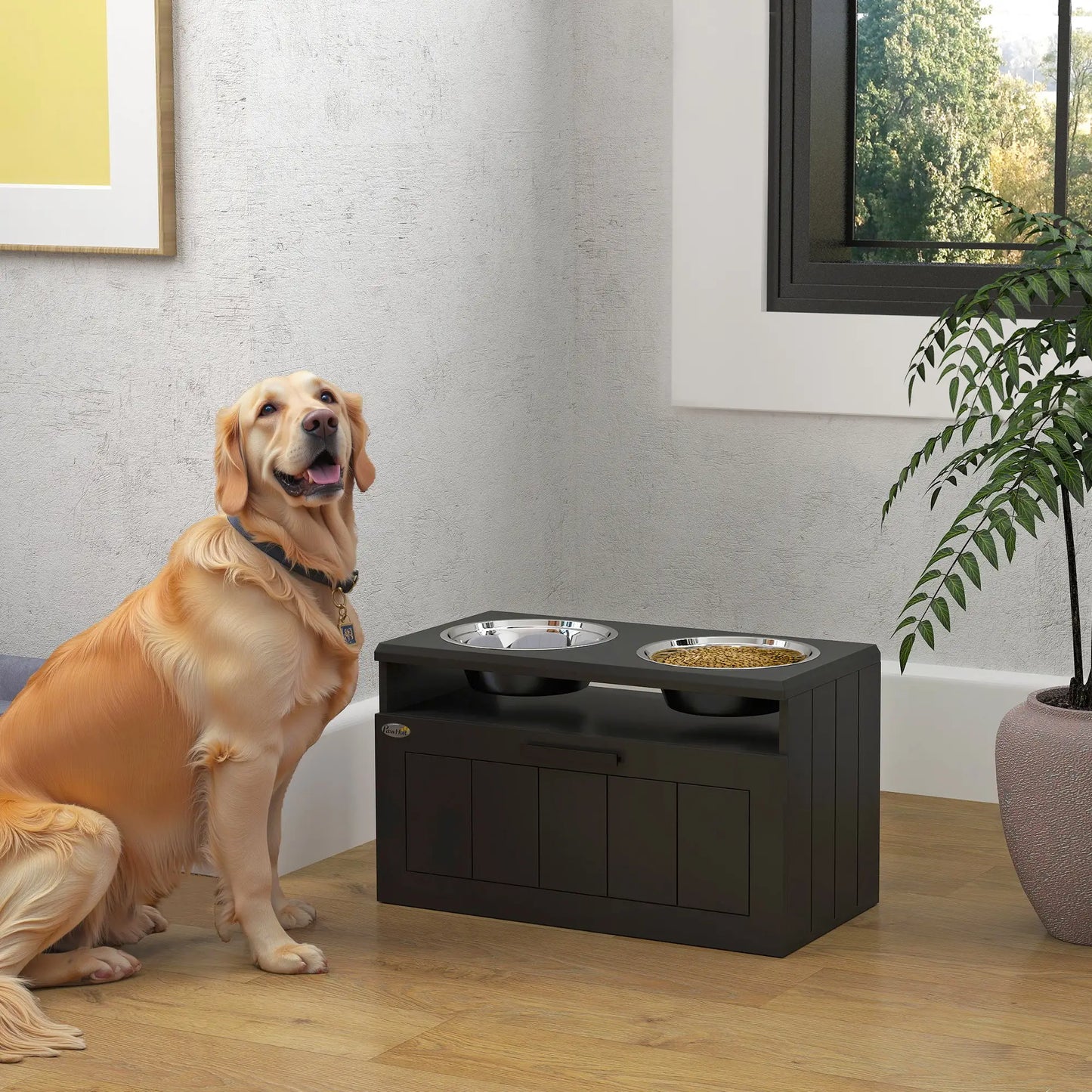 PawHut Raised Dog Bowl with Slow Feeder, Two Stainless Steel Bowls, Drawer for Large & Extra Large Dogs, Black