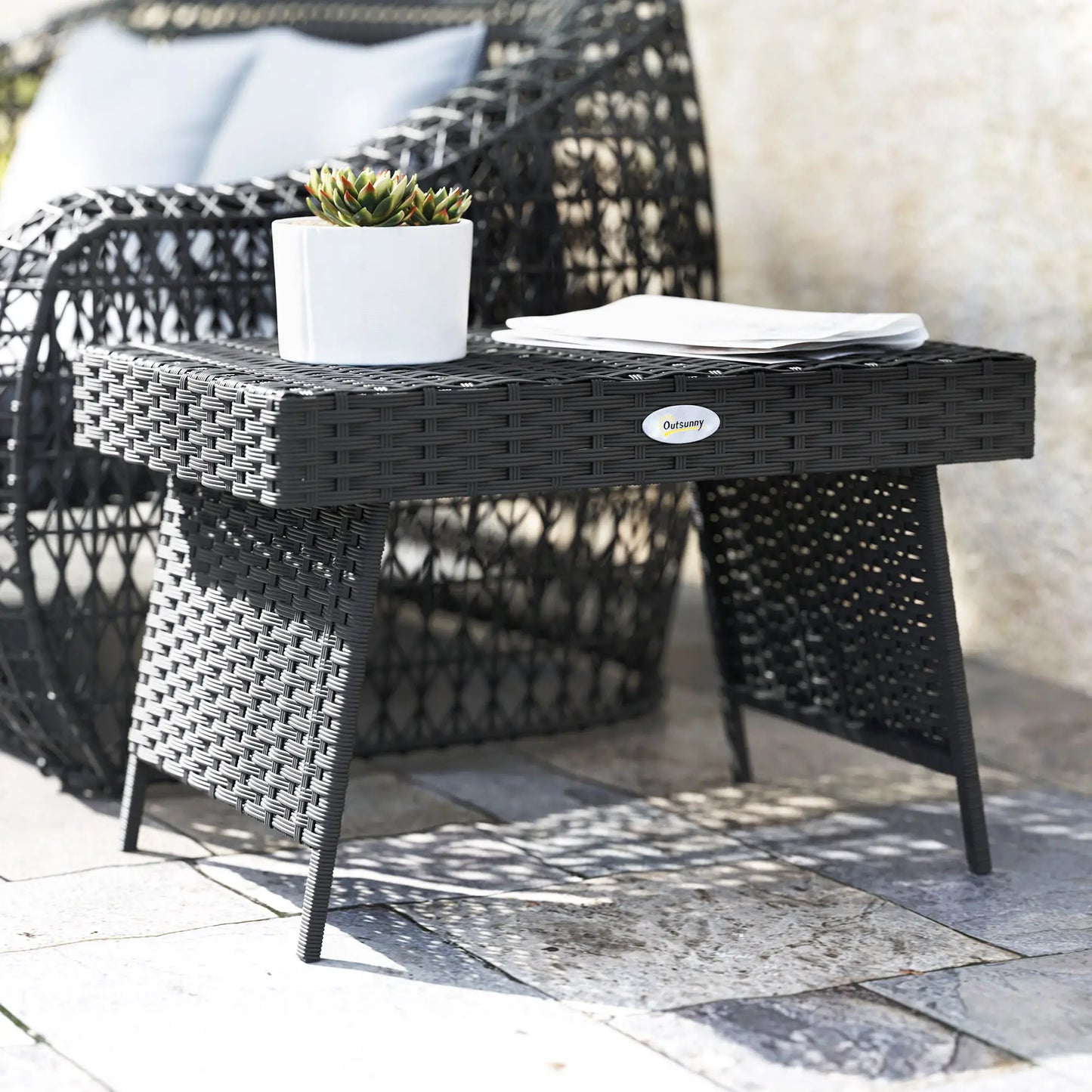 Outsunny Foldable Outdoor Side Table, Bistro Garden Rattan Coffee Table with Steel Frame, Black