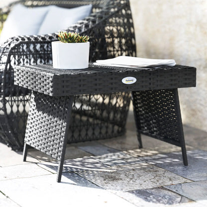 Outsunny Foldable Outdoor Side Table, Bistro Garden Rattan Coffee Table with Steel Frame, Black