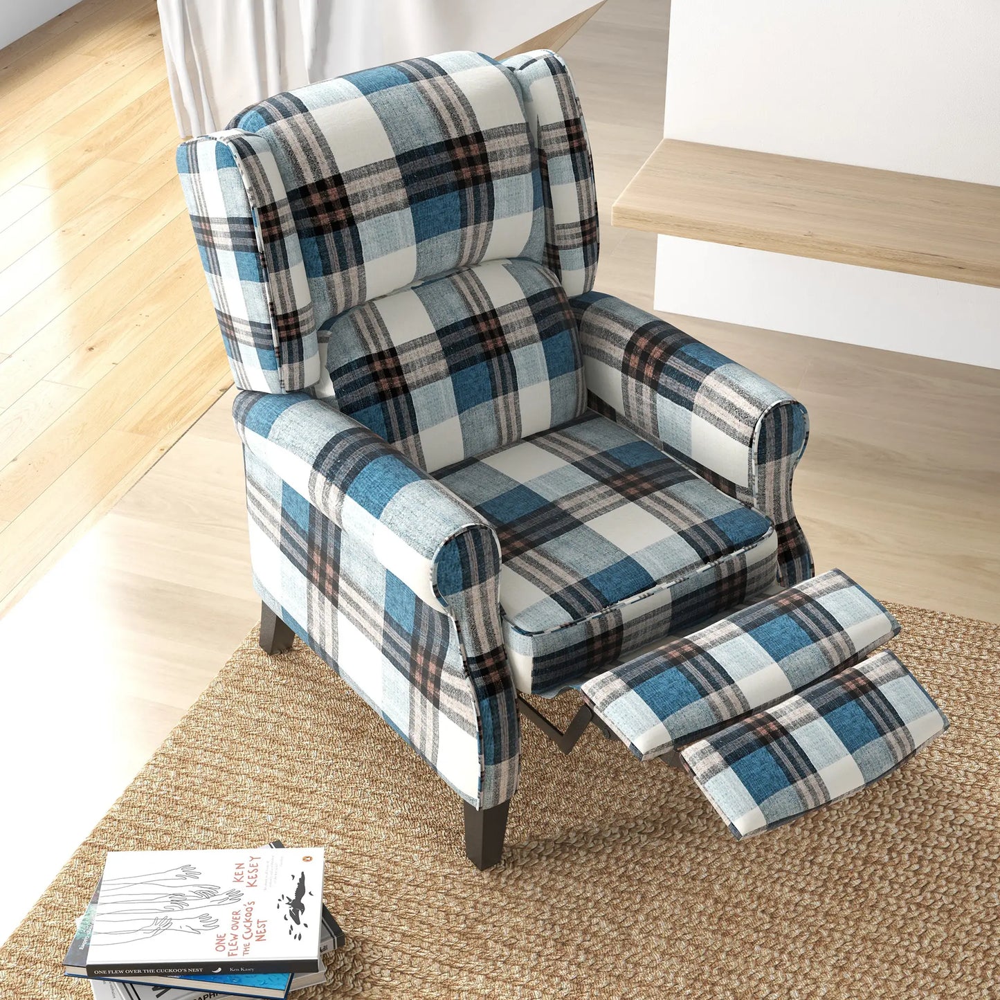 HOMCOM Wingback Reclining Chair Push Back Recliner Armchair with Footrest Armrests Wood Legs Blue