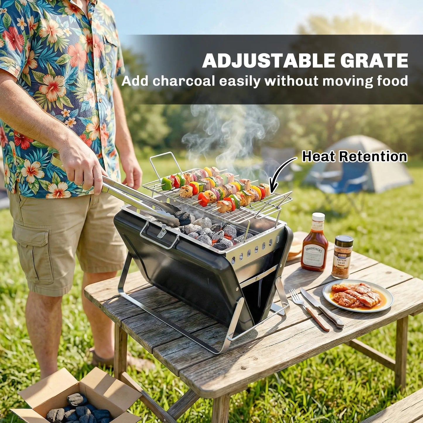 Outsunny Charcoal BBQ Grill Portable Stainless Steel Barbecue with Tilting Grate for Camping Picnic, Black