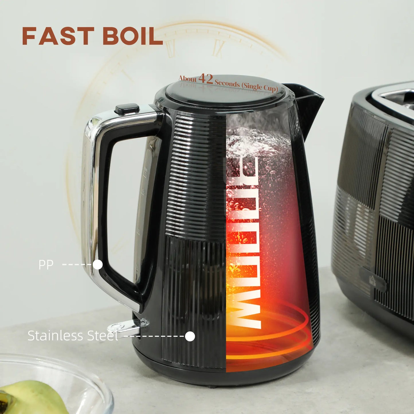 HOMCOM Fast Boil Kettle and 2 Slice Toaster Kitchen Set, 1.7L 3000W with 7 Level Browning Controls, Black