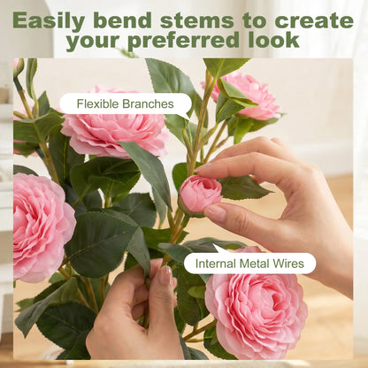 HOMCOM Artificial Camellia Flower Plant in Pot with 116 Lush Leaves & Moss Effect, Pink