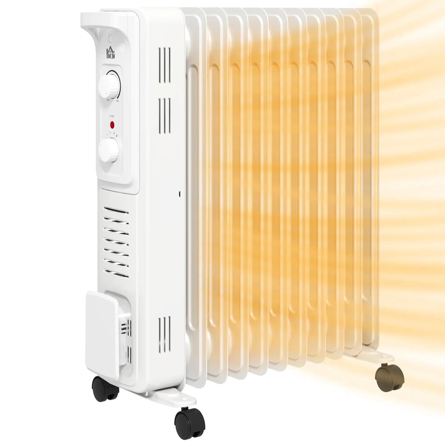 HOMCOM 2.5kW 11 Fin Oil-Filled Radiator, Portable Tower Heater, Auto Shut-Off - White