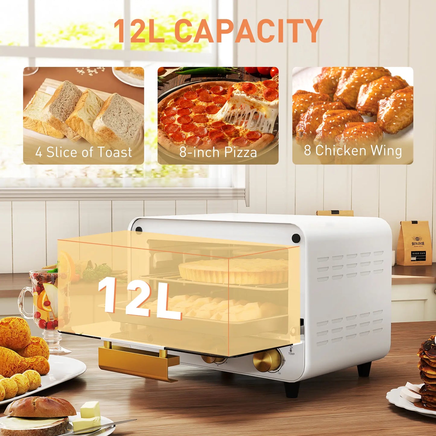HOMCOM Small Toaster Oven, 12L Multifunction Mini Countertop Oven with Glass Door, Adjustable Temperature & Timer, 750W, White