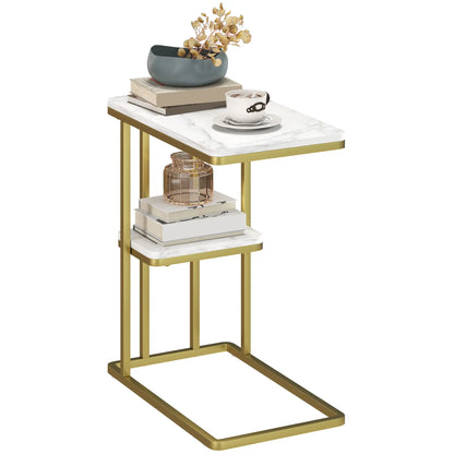 HOMCOM C-Shaped Narrow Side Table, 2-Tier Slim End, Nightstand for Living Room, Bedroom, White Marble Grain
