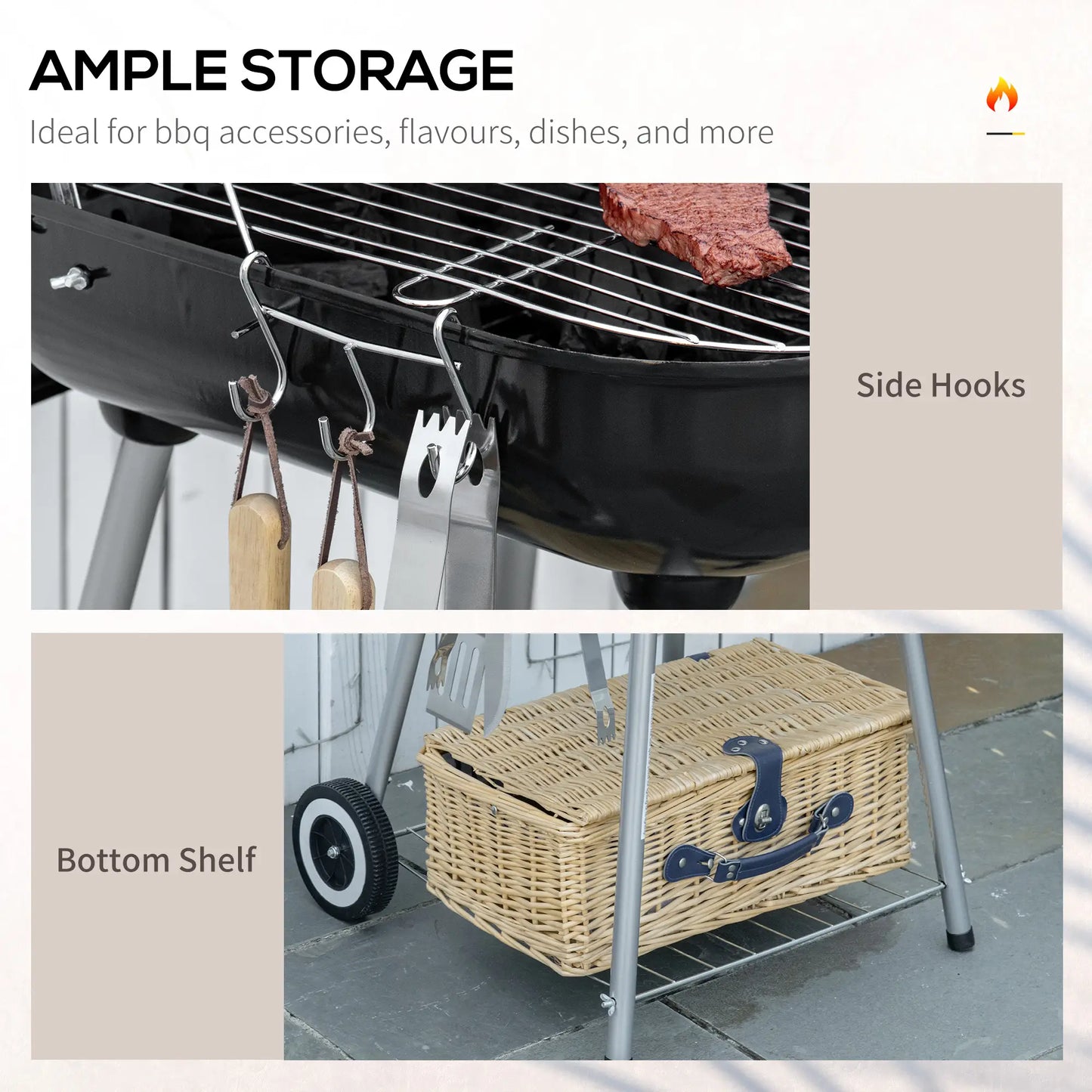 Outsunny Portable BBQ Charcoal Grill with Cooking Utensils, Smoker Grill with Lid for Outdoor Barbecues, Camping, Picnic