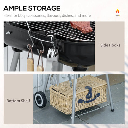 Outsunny Portable BBQ Charcoal Grill with Cooking Utensils, Smoker Grill with Lid for Outdoor Barbecues, Camping, Picnic
