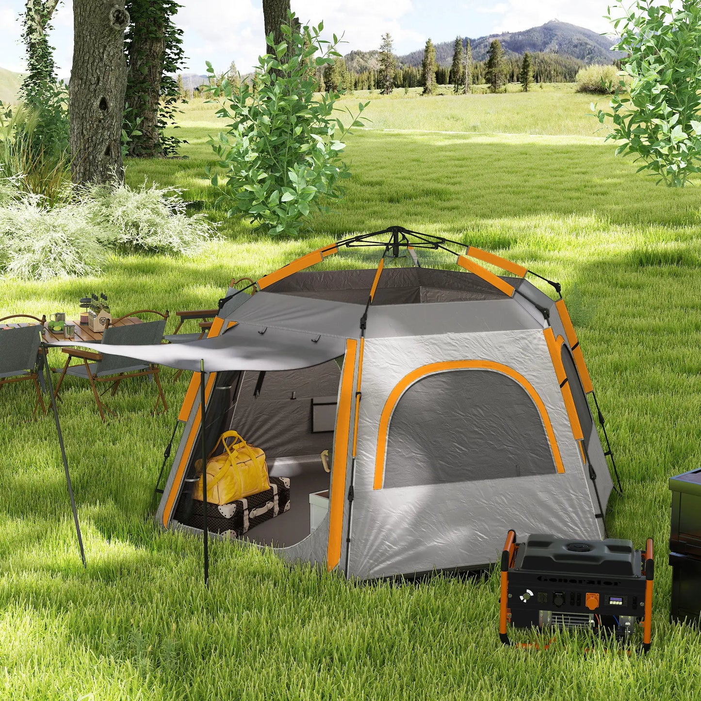 Outsunny Instant Pop Up Camping Tent, 3/4 Person Easy Setup Dome Family Tent with Rainfly Hexagonal Design, Waterproof & UV Protected, Light Grey