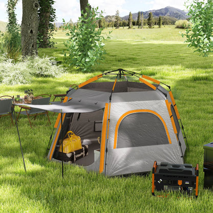 Outsunny Instant Pop Up Camping Tent, 3/4 Person Easy Setup Dome Family Tent with Rainfly Hexagonal Design, Waterproof & UV Protected, Light Grey