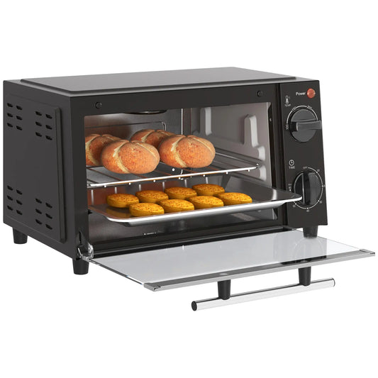 HOMCOM Mini Oven, 9L Countertop Electric Grill, Toaster Oven with Adjustable Temperature, Timer, Baking Tray, 750W