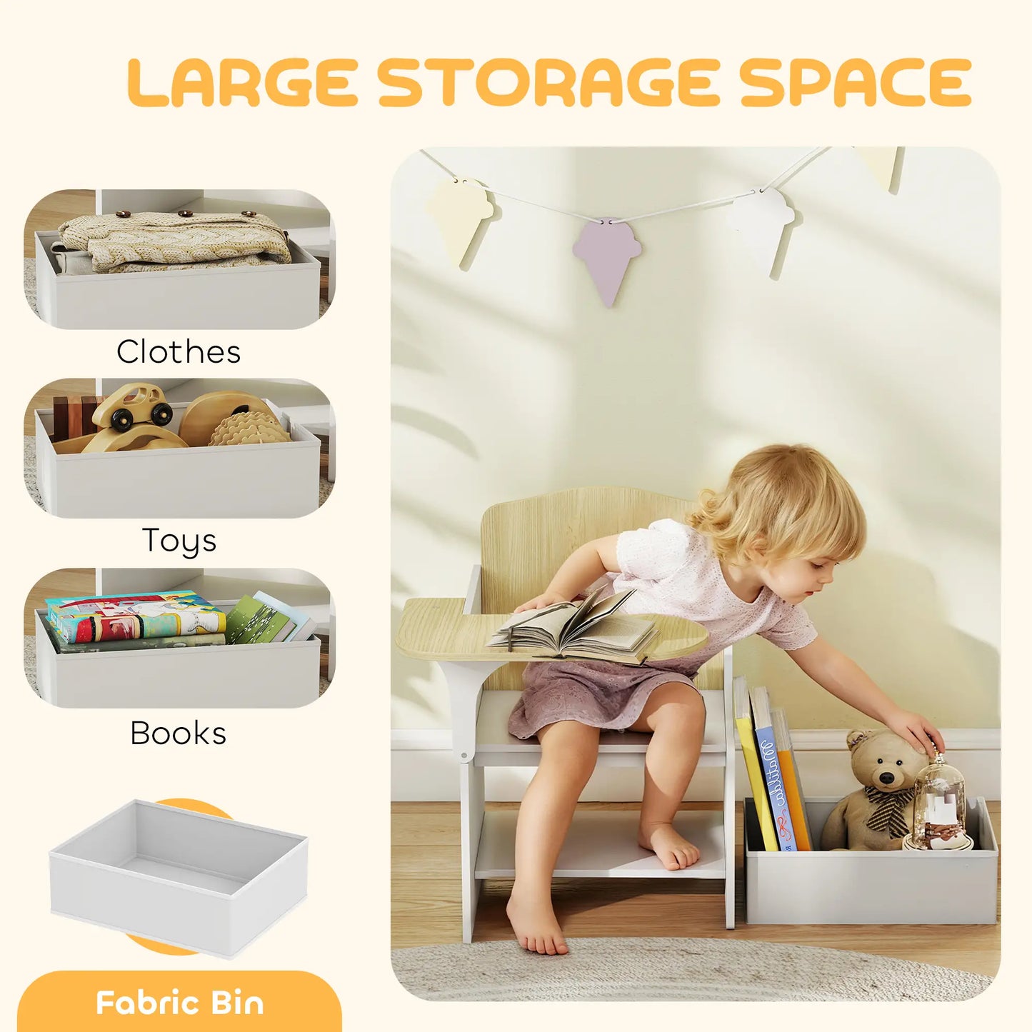 AIYAPLAY Kids Table & Chair Set, Children Desk & Chair with Storage Bins for Playing, Reading, Painting, White