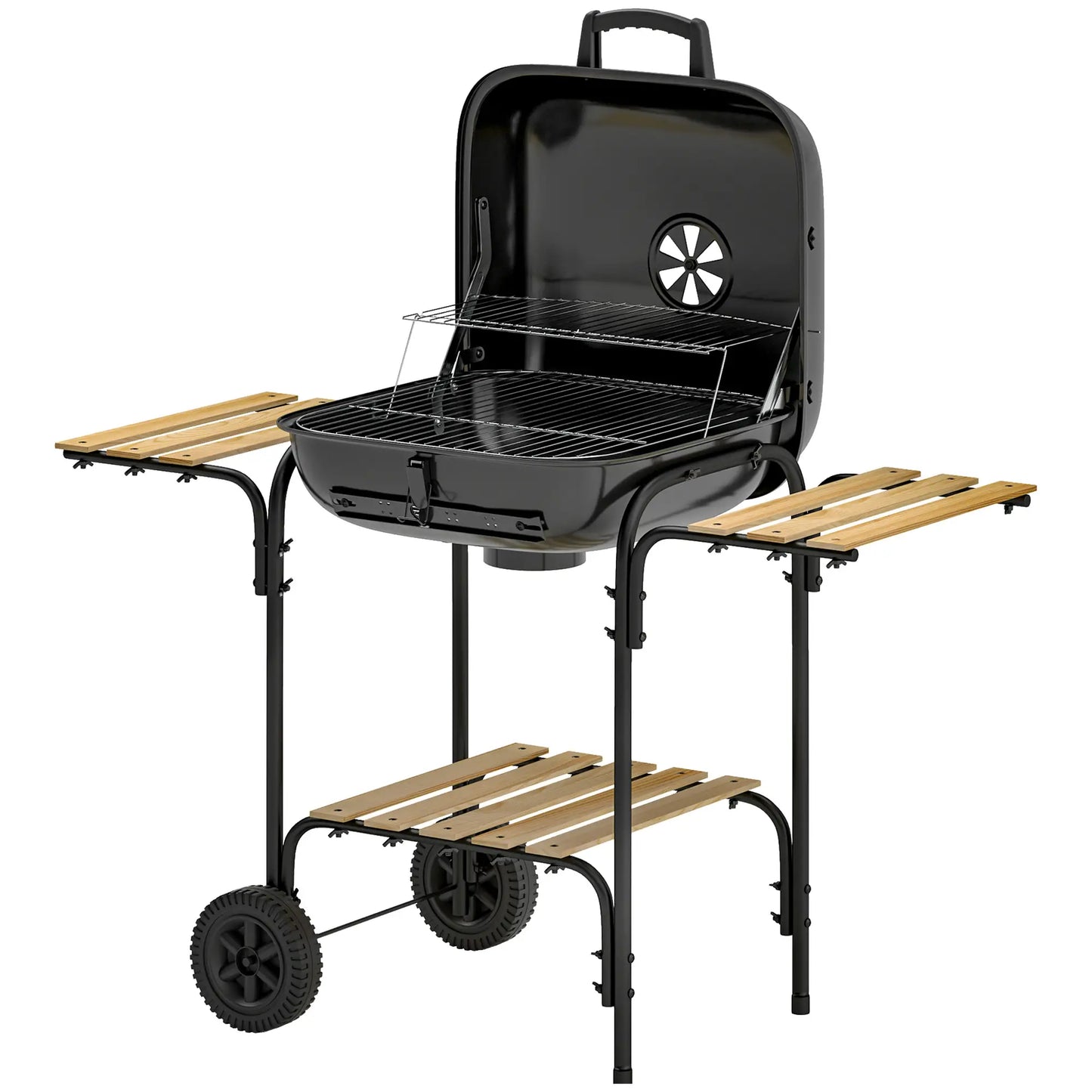Outsunny Charcoal Barbecue Grill Portable BBQ Grill with Cooking Area, 3 Shelves, Lockable Lid, Wheels for Outdoor Cooking, Garden Party, Black