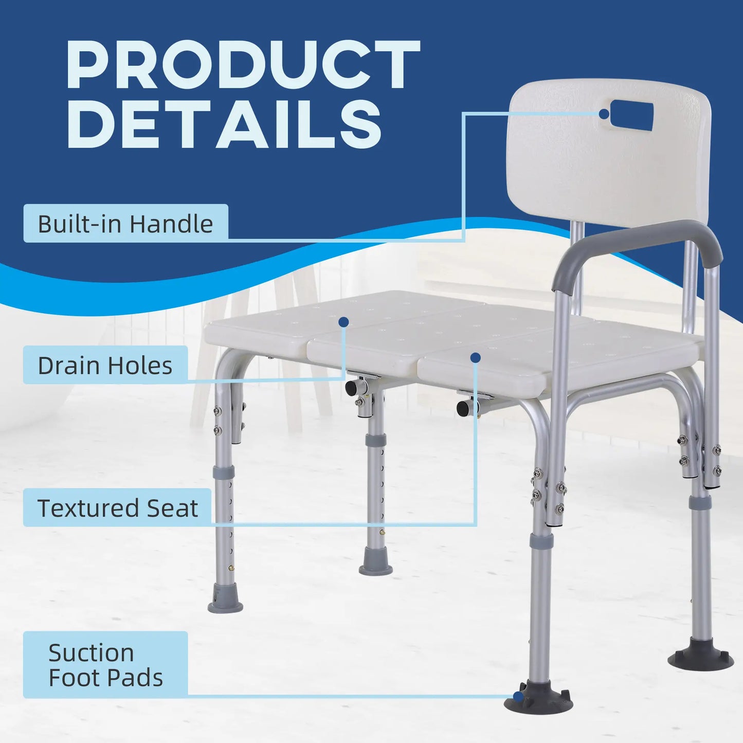 HOMCOM Height Adjustable Shower Chair, Non Slip Bath Transfer Bench for Elderly, Disabled with Armrest and Backrest, White