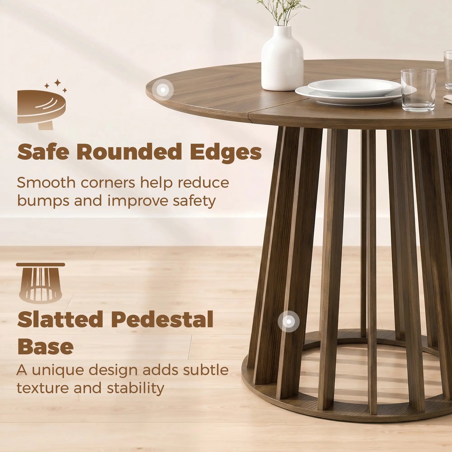 HOMCOM Round Dining Table for 4-6 People Modern Kitchen Table with Slatted Base, Light Walnut