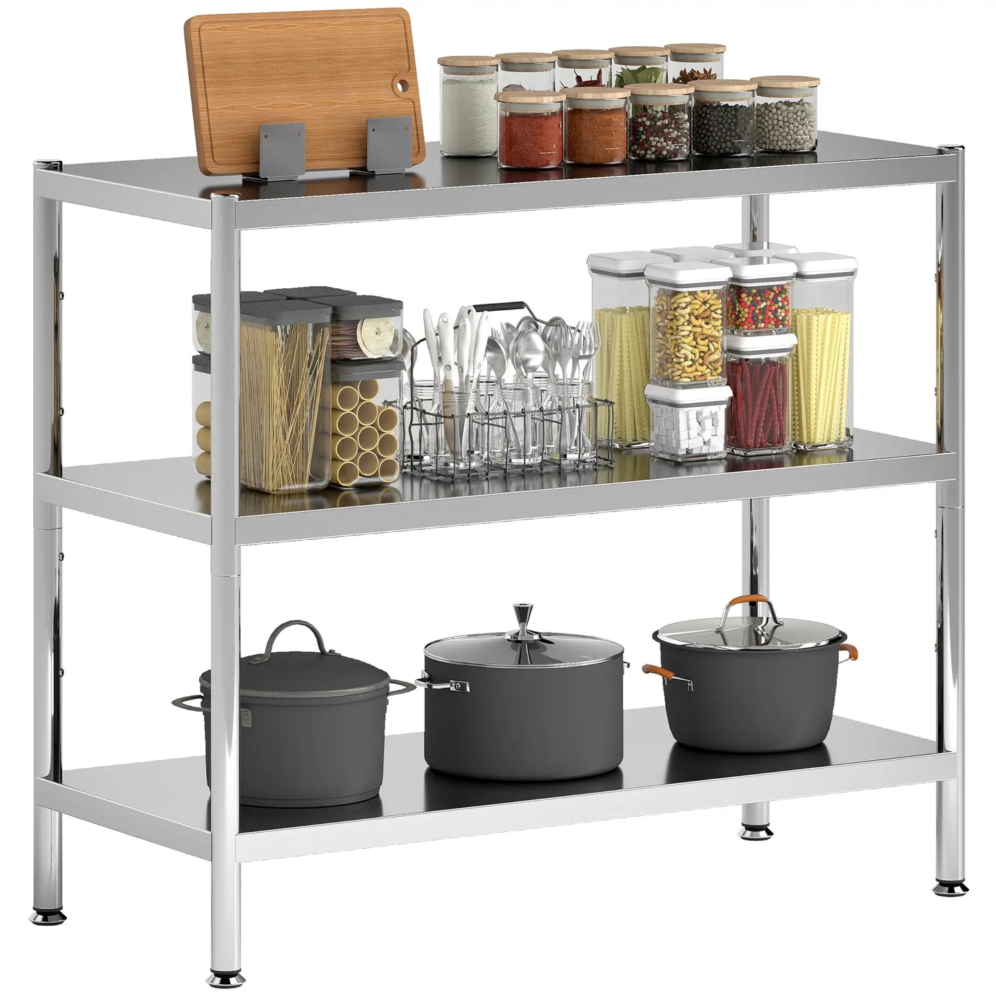 HOMCOM 3-Tier Bakers Rack with Storage, Stainless Steel Kitchen Stand with Adjustable Shelves for Small Spaces