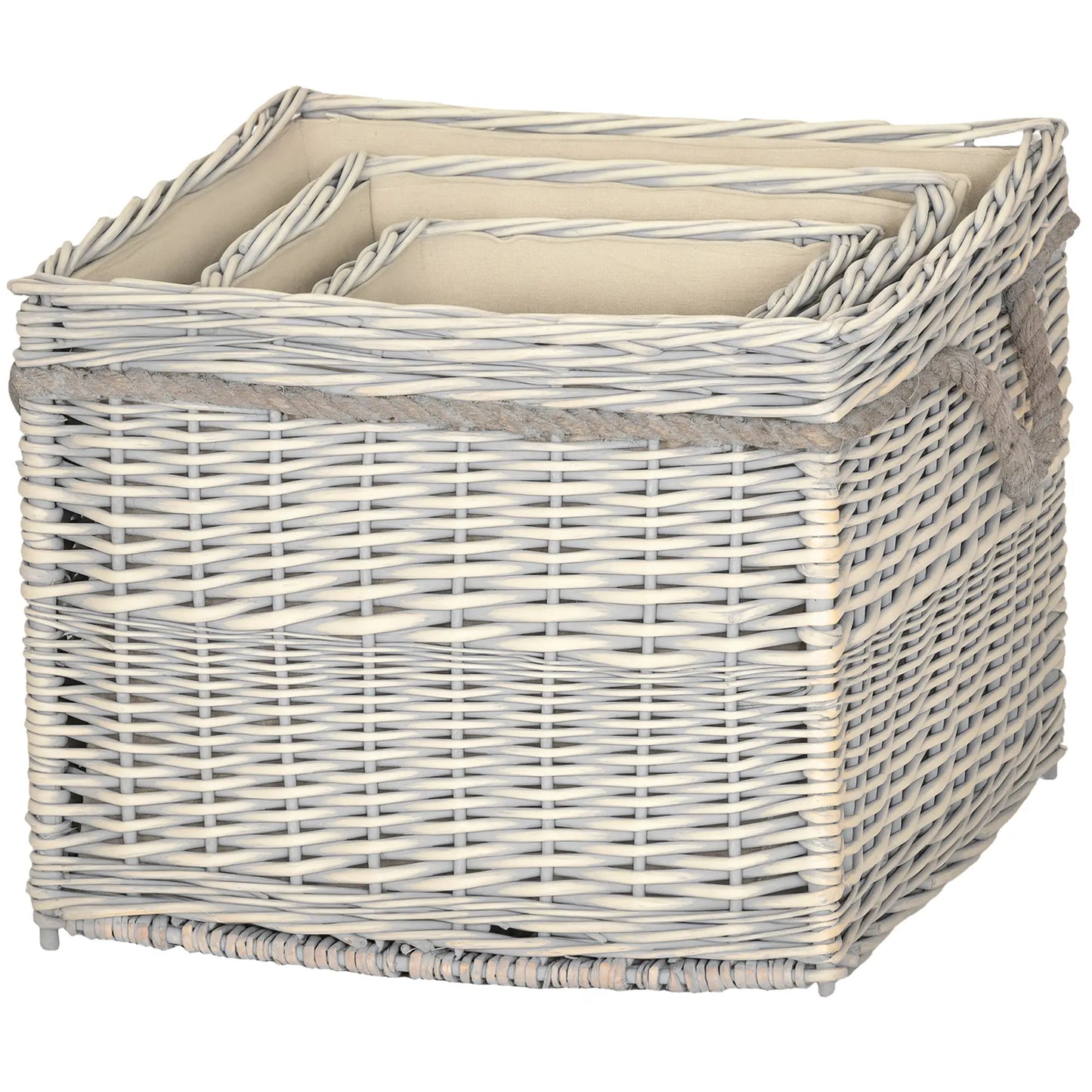 Outsunny Set of 3 Log Baskets for Wood Burner Indoor, Storage Wicker Basket with Rope Handles, Beige