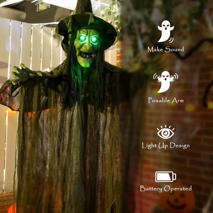 Outsunny 170 cm Hanging Halloween Animated Spooky Witch with Glowing LED Eyes, Scary Halloween Decorations, Battery Operated