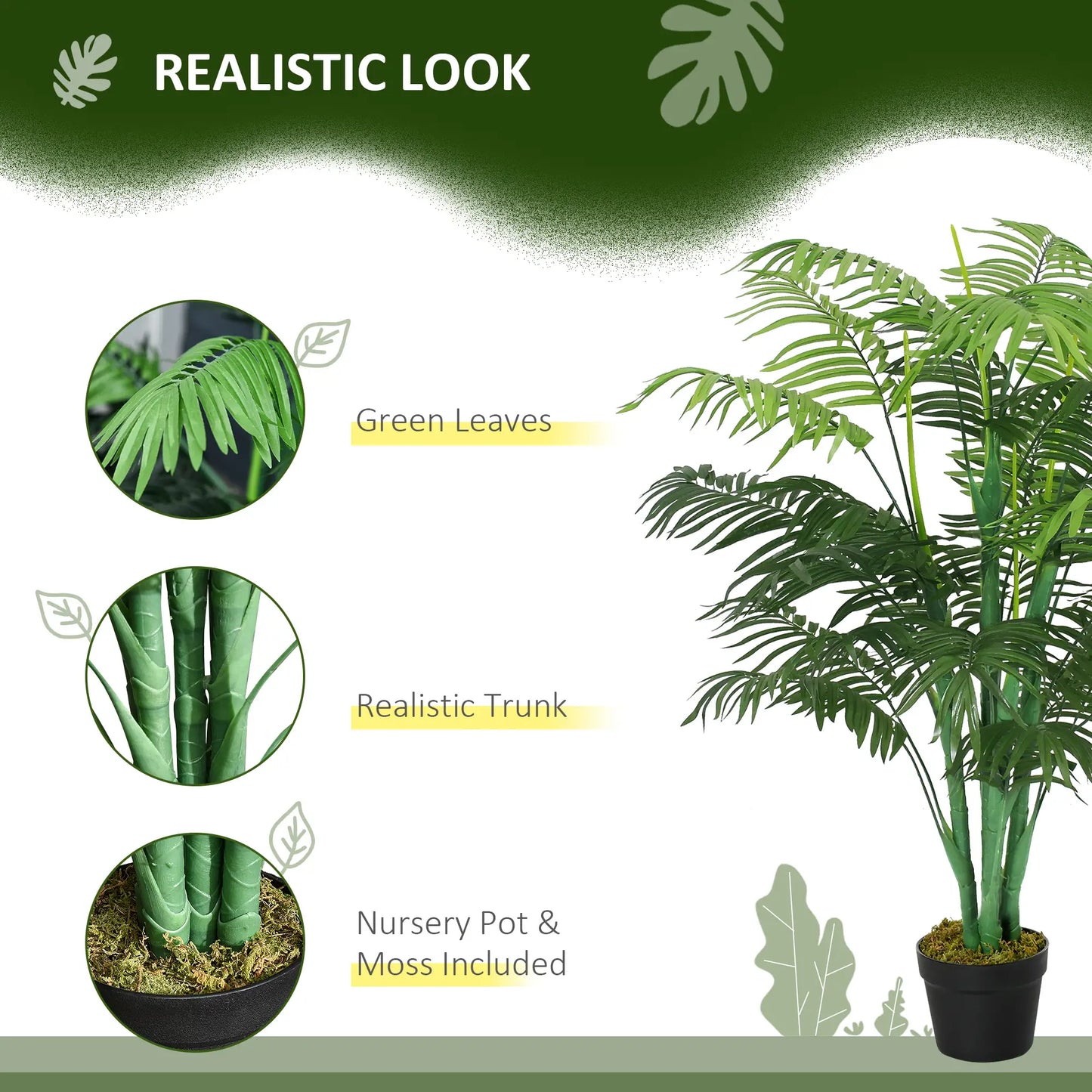 Outsunny Artificial Palm Plant Decorative Tree with Nursery Pot, Fake Plastic Indoor Home Office Décor, Green