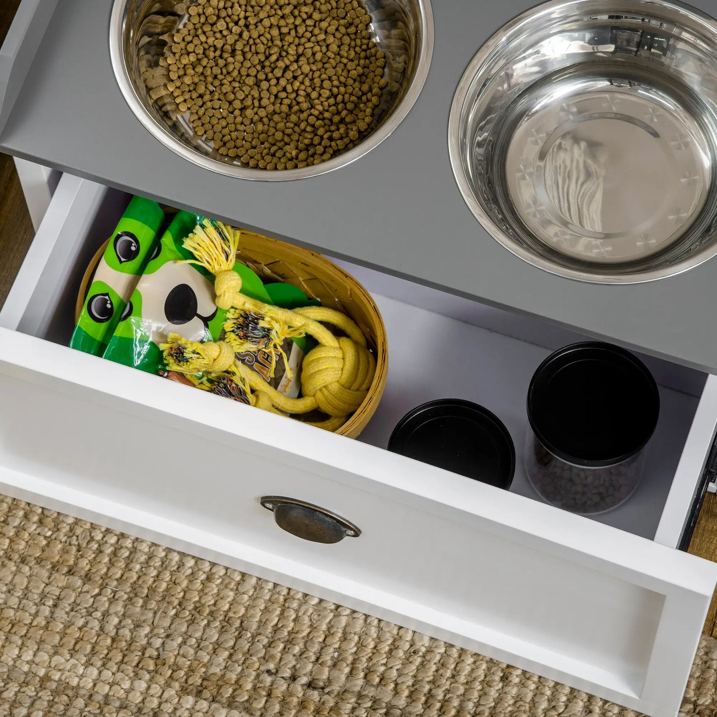 PawHut Stainless Steel Raised Dog Bowls, with 21L Storage Drawer for Large Dogs and Cats - White