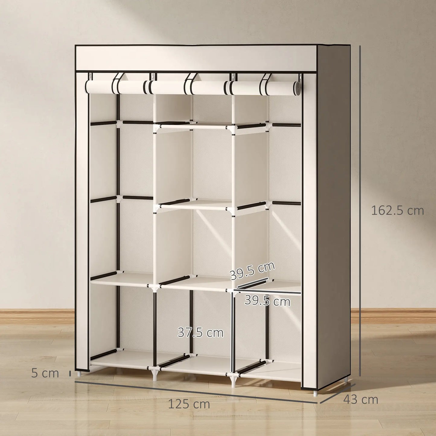 HOMCOM Fabric Cloth Wardrobe Clothes Organizer with Rails and Shelves - Cream White