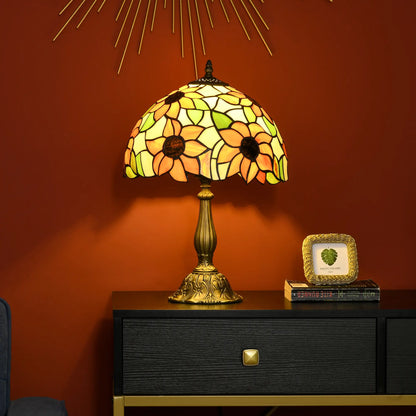 HOMCOM Tiffany Stained Glass Table Lamp, Handmade Antique Bedside Lamp, Night Light, Orange Sunflower