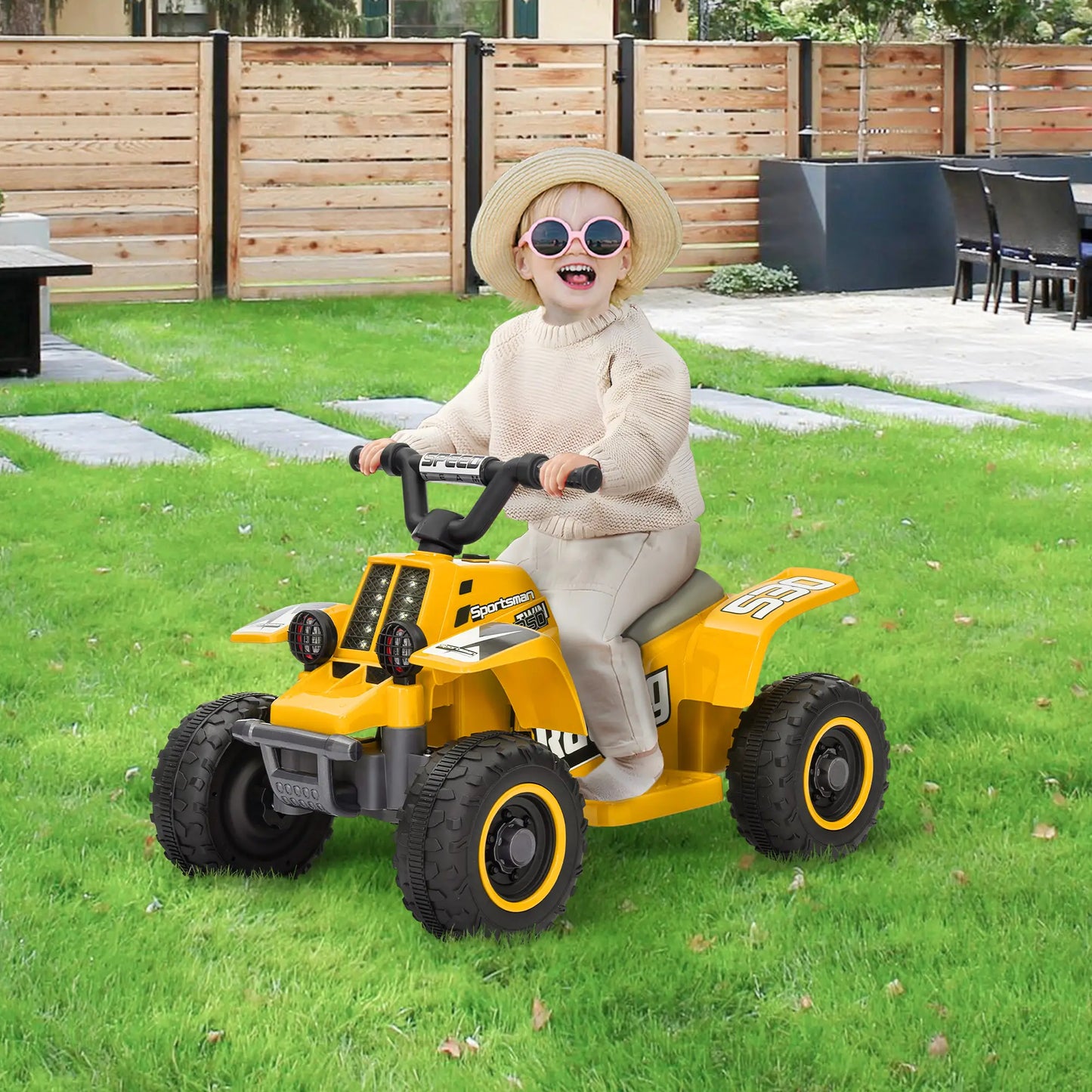 AIYAPLAY 6V Electric Quad Bike for Kids, Ride On ATV w/ Forward Backward, Headlights, for 18-36 Months, Yellow