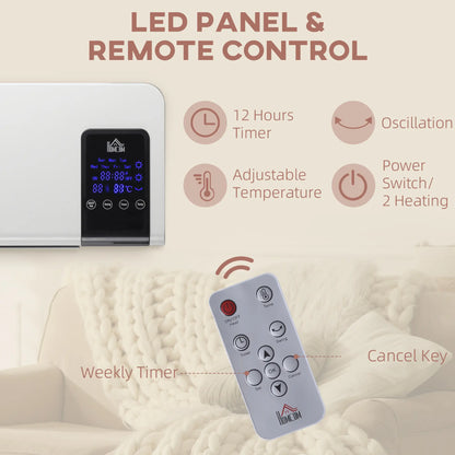 HOMCOM 2000W Wall-Mounted Electric Heater, 18-45°C Temperature, White
