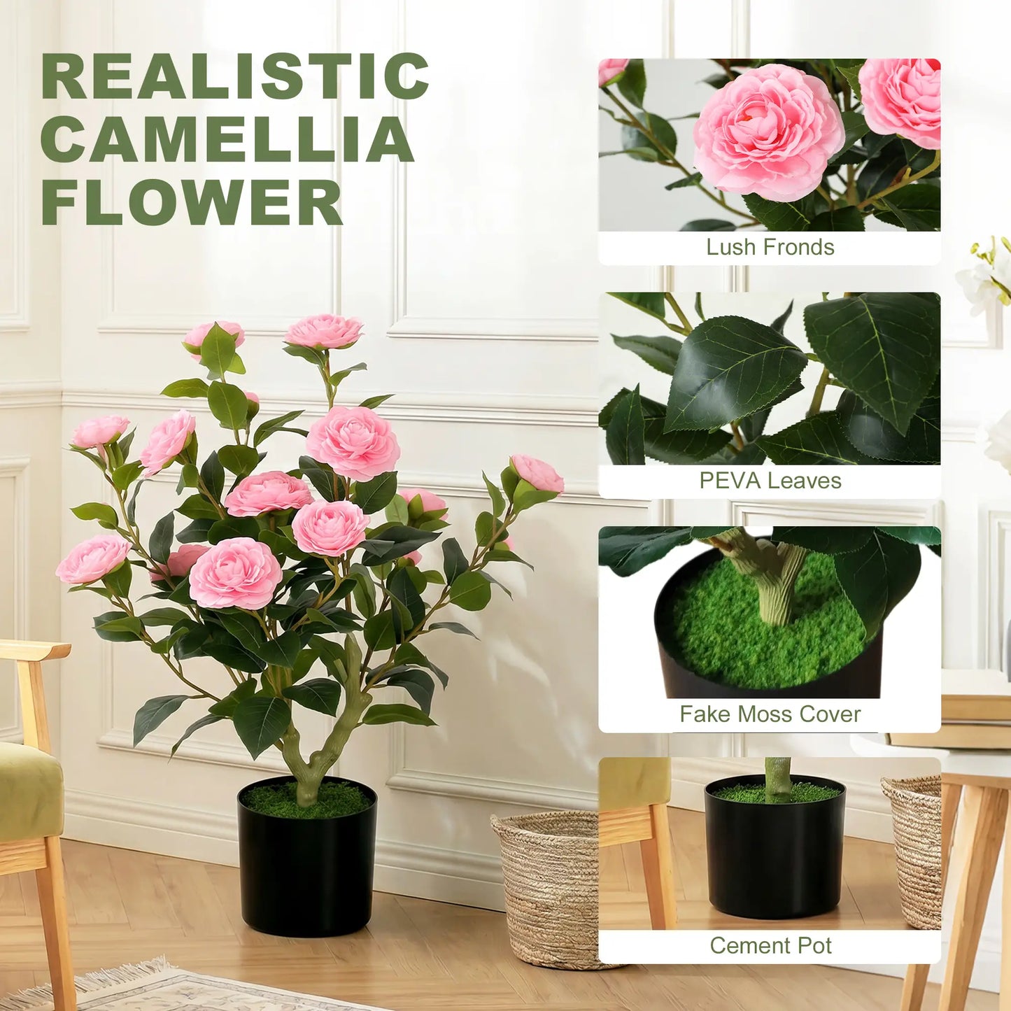 HOMCOM Artificial Camellia Flower Plant in Pot with 116 Lush Leaves & Moss Effect, Pink