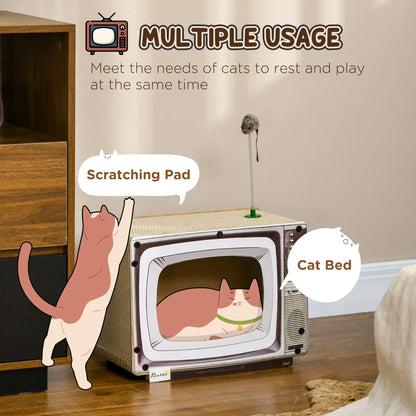 PawHut TV-Shaped Scratching Board with Scratcher, Catnip, Toy Rat, Cat Scratcher for Indoor Cats