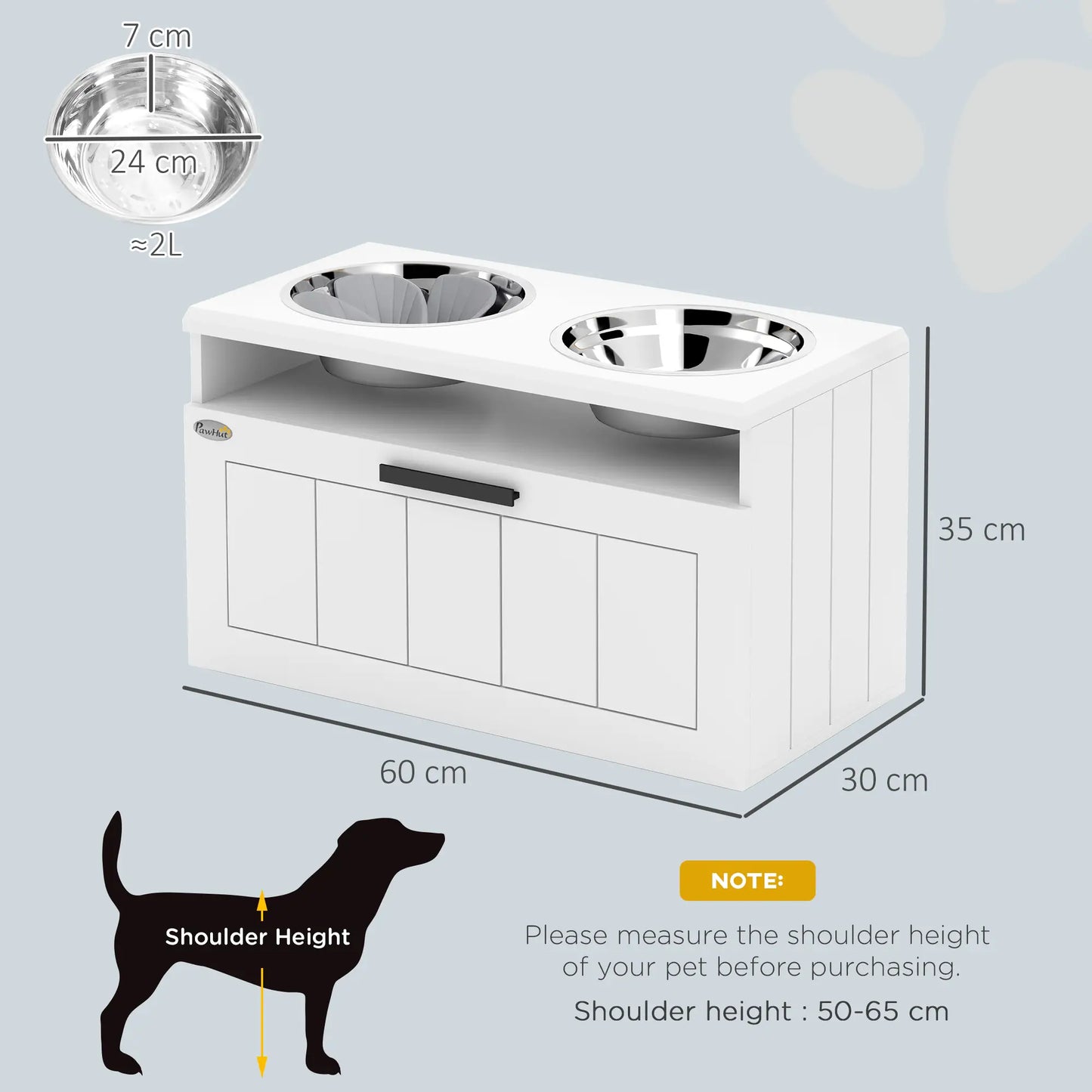 PawHut Raised Dog Bowl with Slow Feeder, Two Stainless Steel Bowls, Drawer for Large & Extra Large Dogs, White