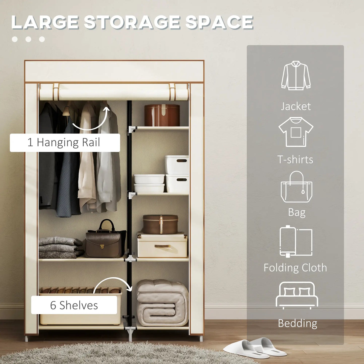 HOMCOM Fabric Wardrobe, Portable Wardrobe with 6 Shelves, 1 Hanging Rail, Foldable Closets, Cream White