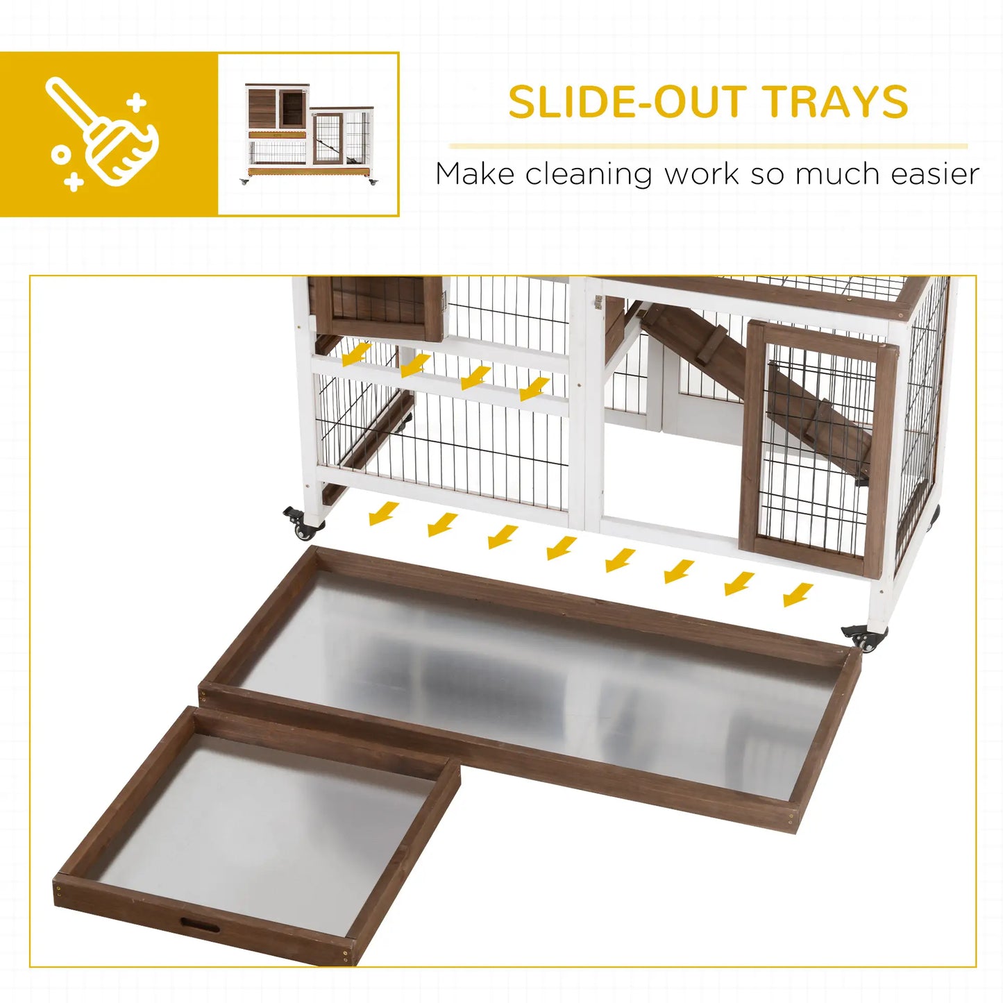 PawHut Two-Tier Rabbit Hutch Pet Cage, with Wheels, Fir Wood Structure - Brown