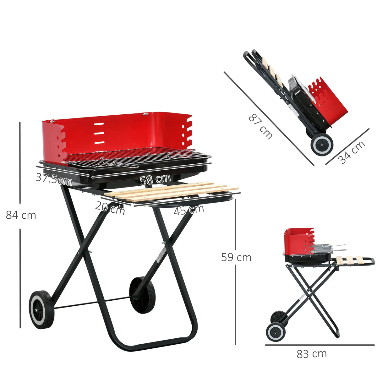 Outsunny Charcoal Trolley BBQ Barbecue Grill Garden Picnic Party Outdoor Cooking with Windshield, Black/Red