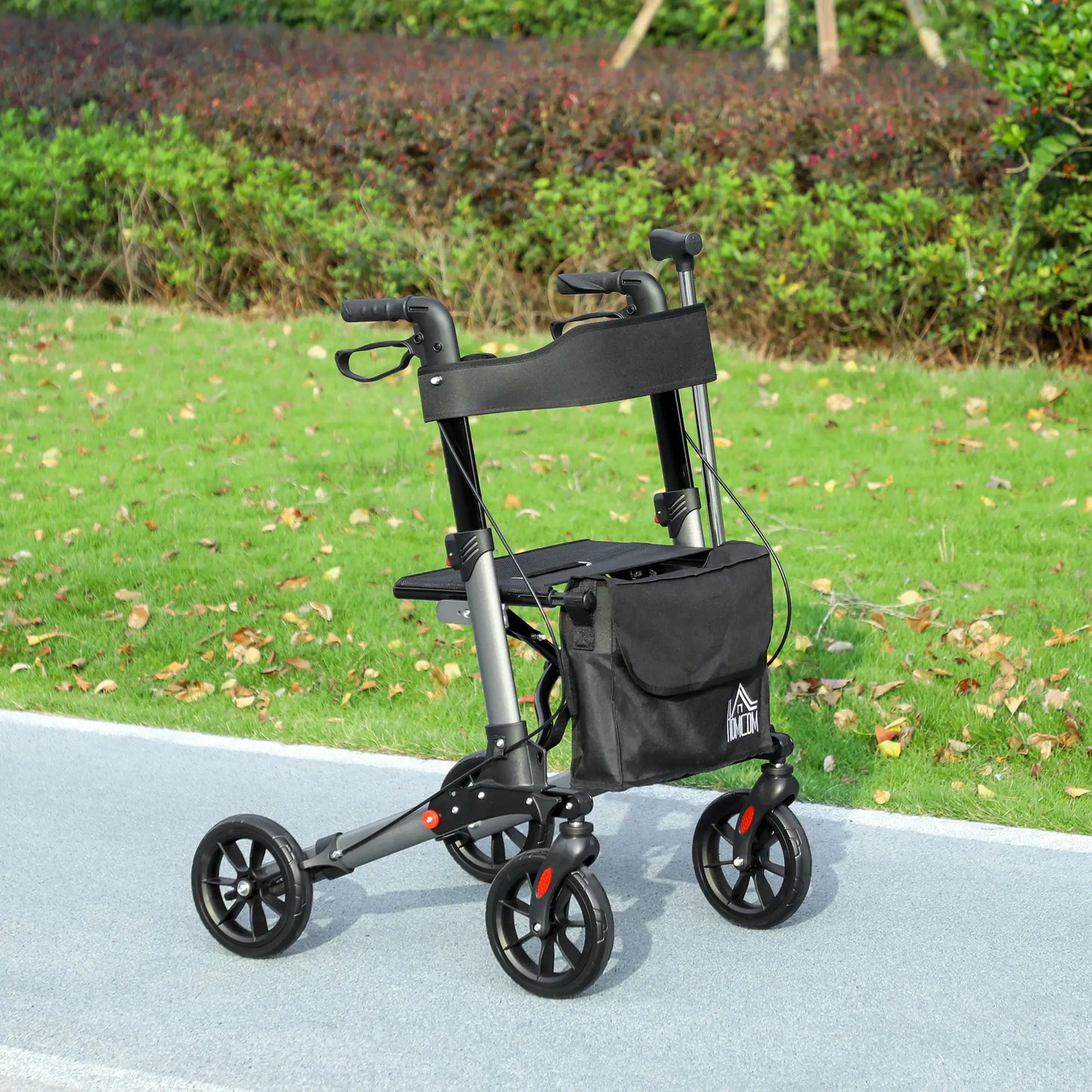 HOMCOM 4 Wheel Rollator with Seat & Back, Folding Walker with Carry Bag, Adjustable Height, Dual Brakes, Aluminium Walking Frame, Silver