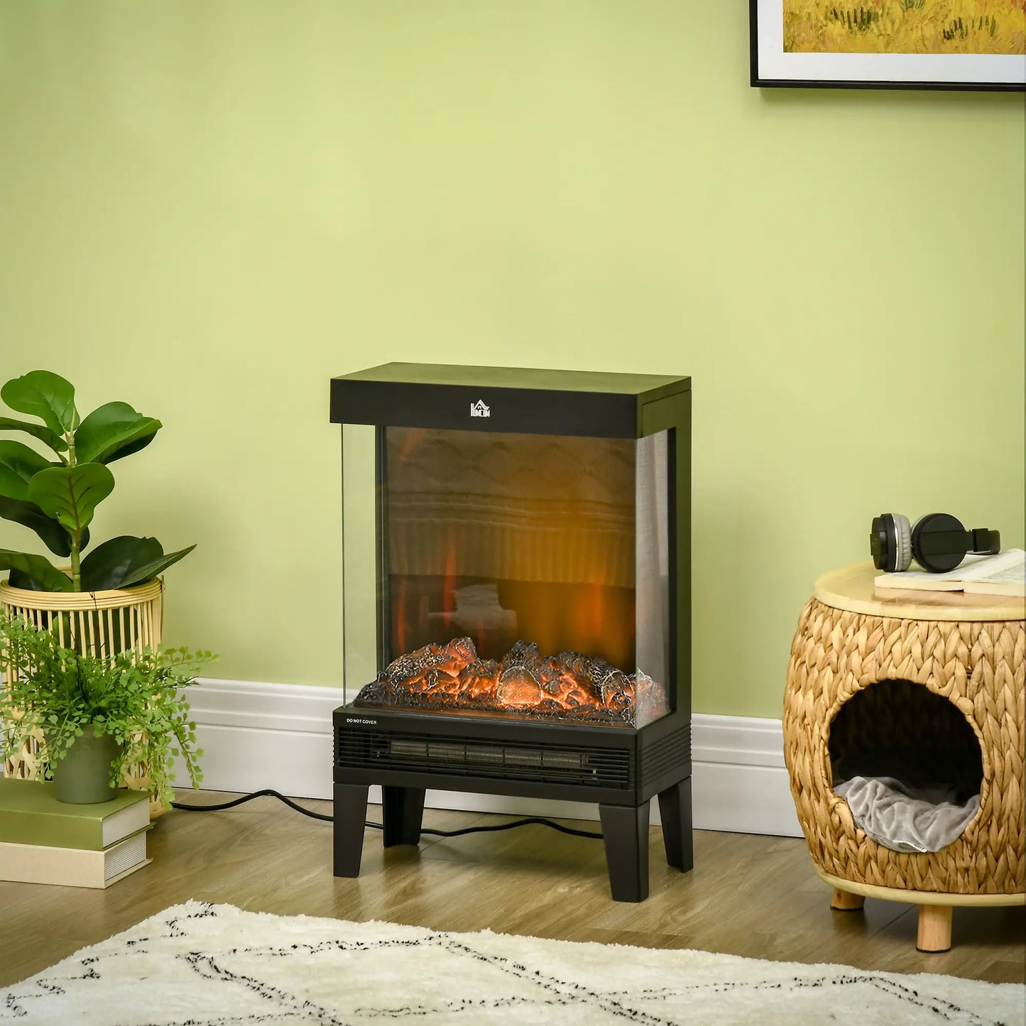 HOMCOM 180° Charming Electric Fireplace Heater, Quiet Freestanding Stove with LED Flame Effect, Overheating Protection, Black