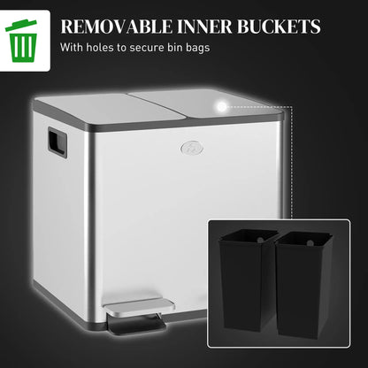 HOMCOM 30L Dual Compartment Stainless Steel Kitchen Bin with Deodoriser Holders - Silver Tone