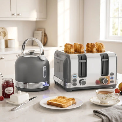 HOMCOM Stainless Steel Fast Boil Cordless Kettle and 4 Slice Toaster Kitchen Set, 1.7L 3000W, Grey