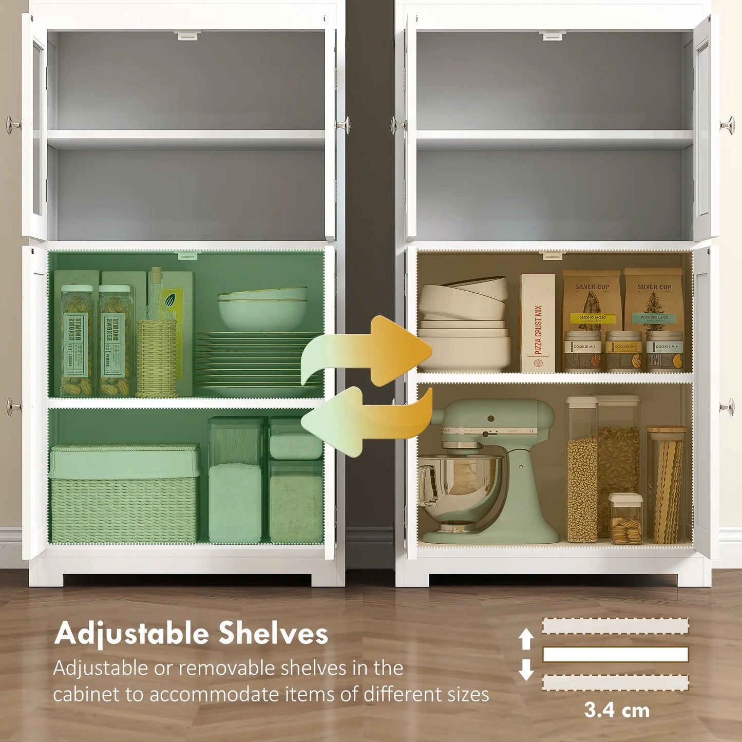 HOMCOM Freestanding Kitchen Cupboard, 4-Door Storage Cabinet with Adjustable Shelf and Glass Doors, White