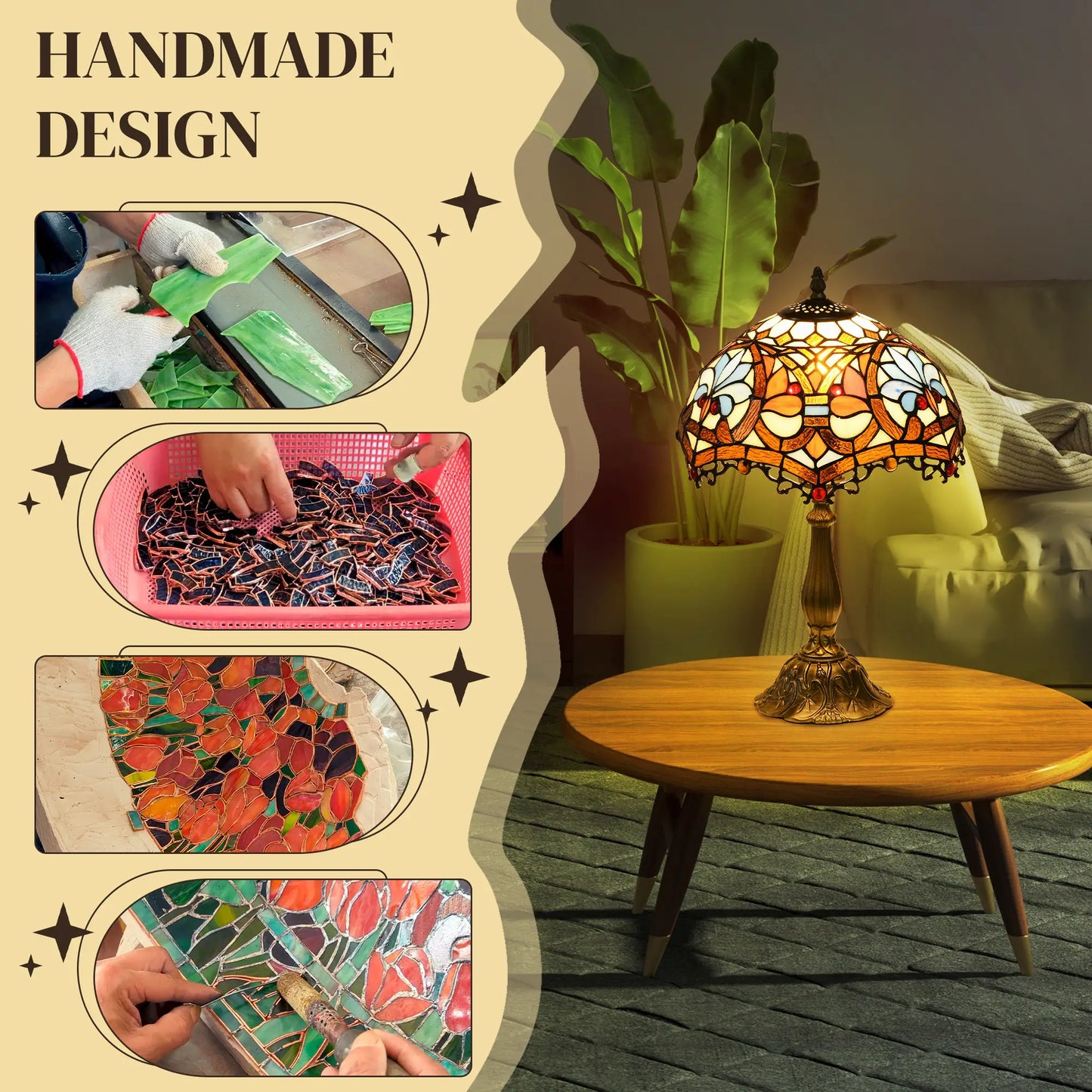 HOMCOM Stained Glass Table Lamp, Handcrafted Artisan Collectible, for Living Room and Bedside, Zinc Alloy