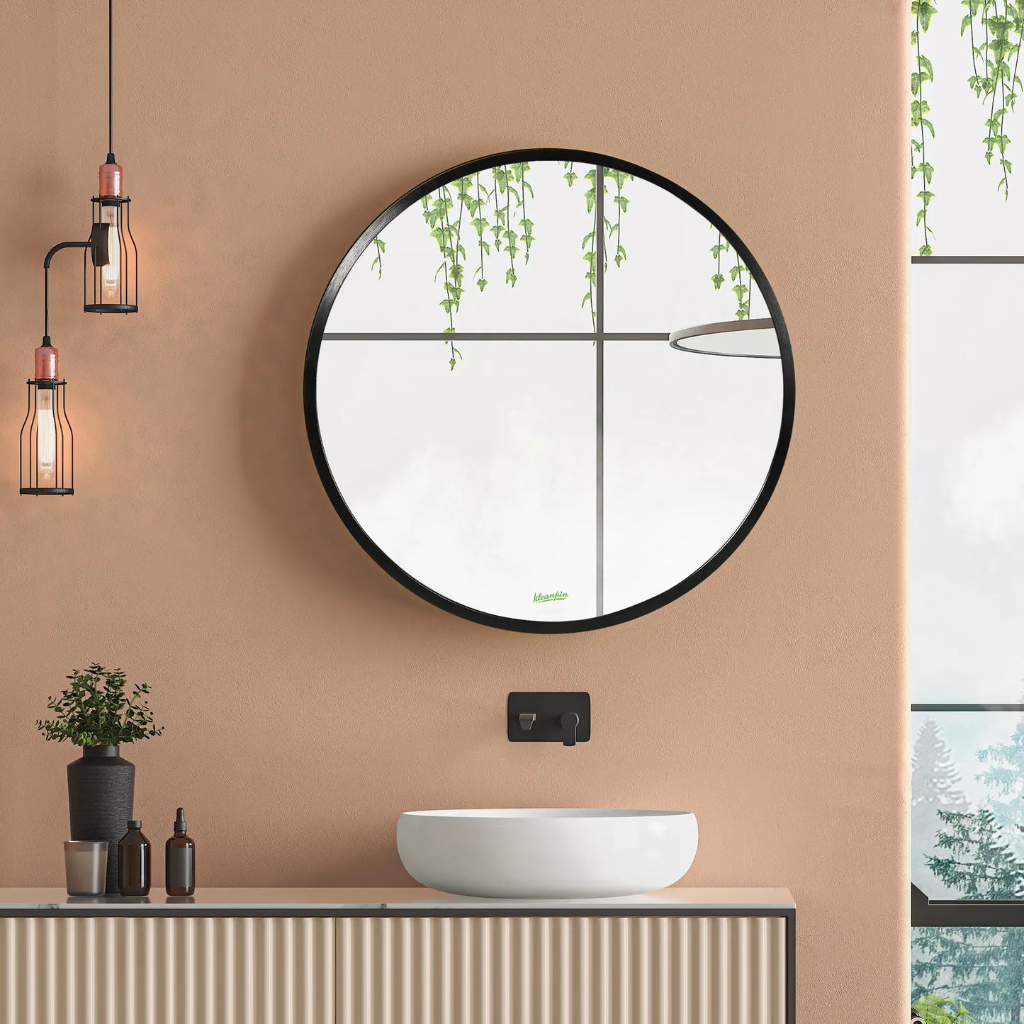 kleankin Round Bathroom Mirror, Modern Wall-Mounted Makeup Mirror with Aluminium Frame for Washroom Living Room, Black