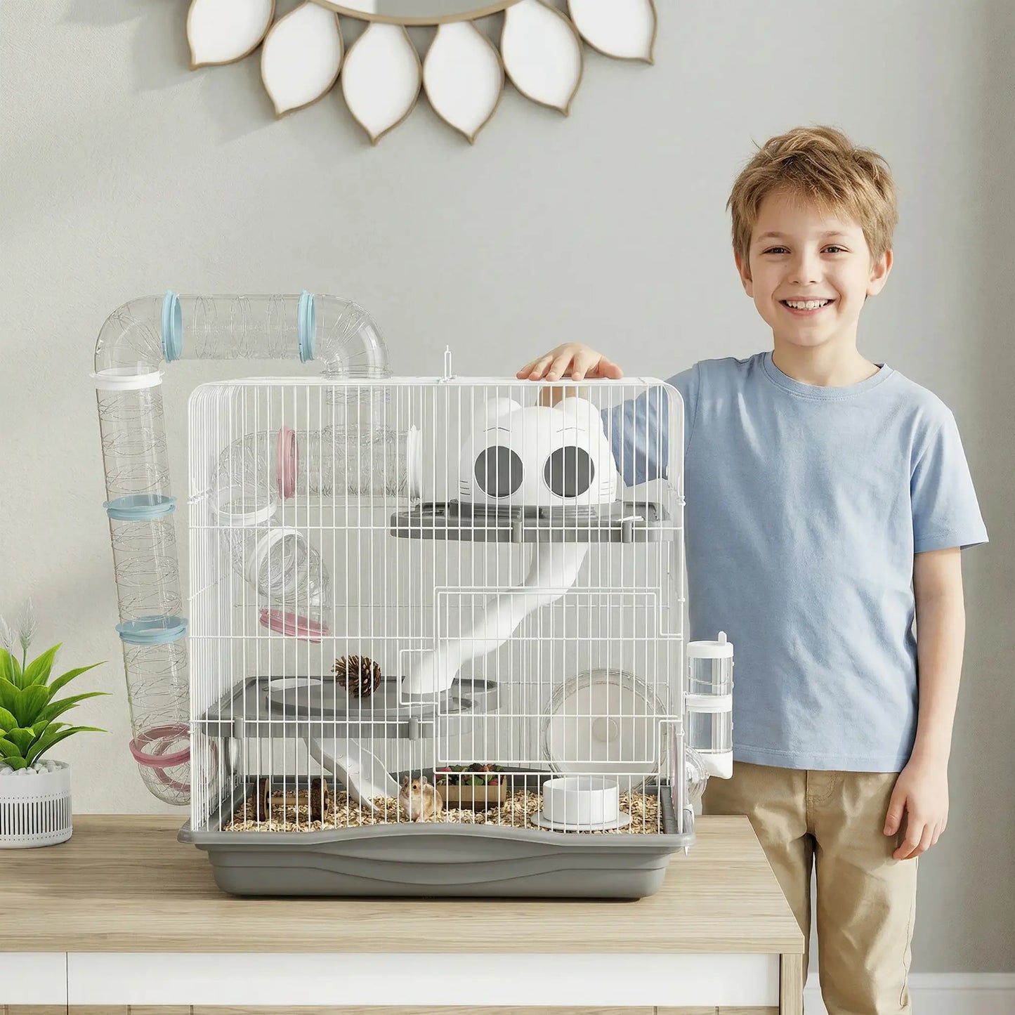 PawHut 3-Tier Hamster Cage with Exercise Wheels, Water Bottle, Food Dish, for Dwarf Hamsters, Grey