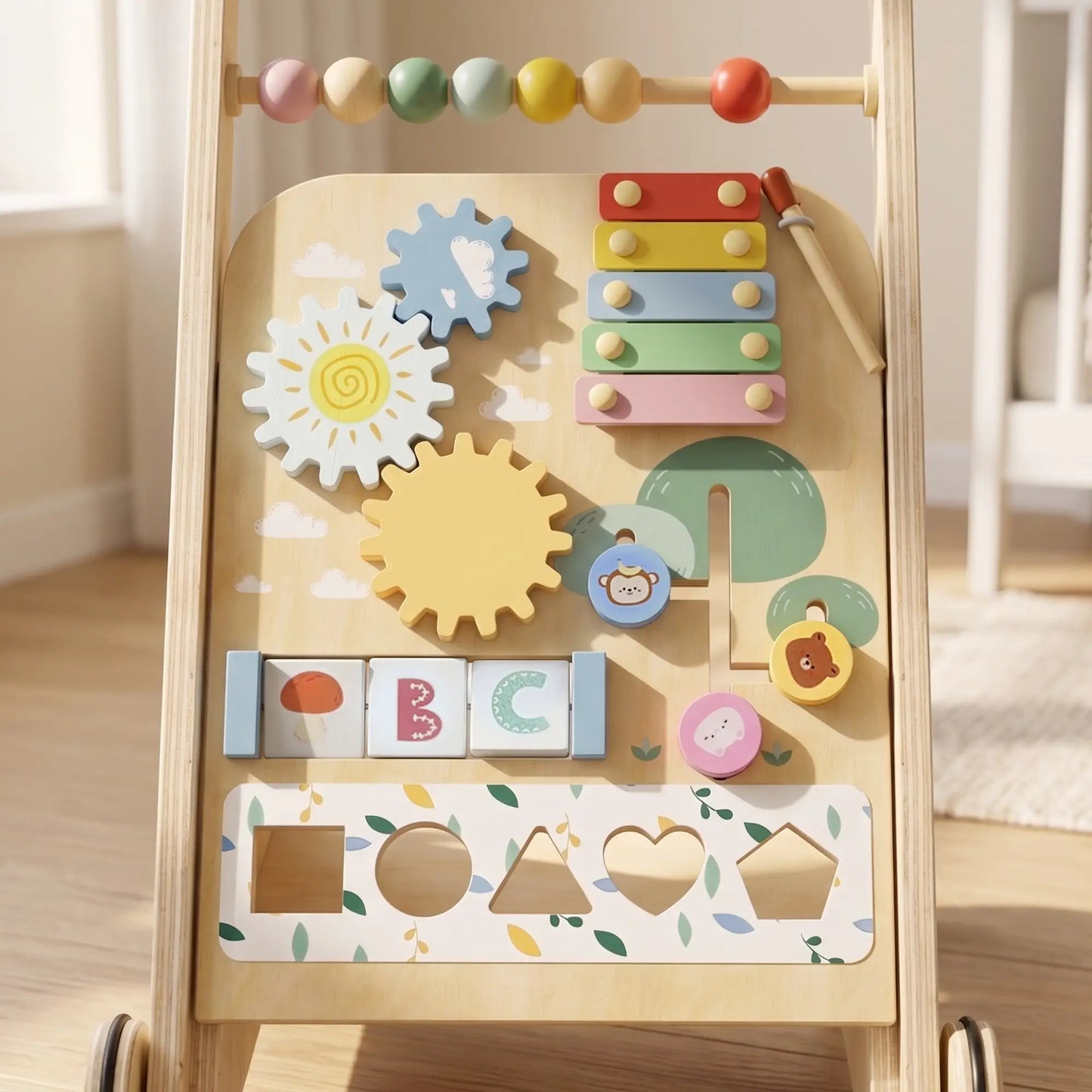 AIYAPLAY Wooden Baby Walker, Toddler Push Along Walker with Speed Control, Activity Centre for 18 Months+