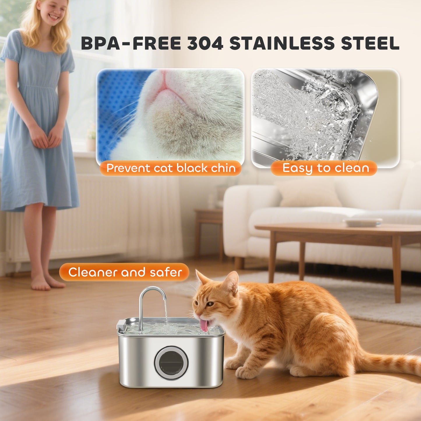 PawHut 3.2L Cat Water Fountain for Drinking, Stainless Steel with Visible Water-Level Window, Ultra-Silent Pump