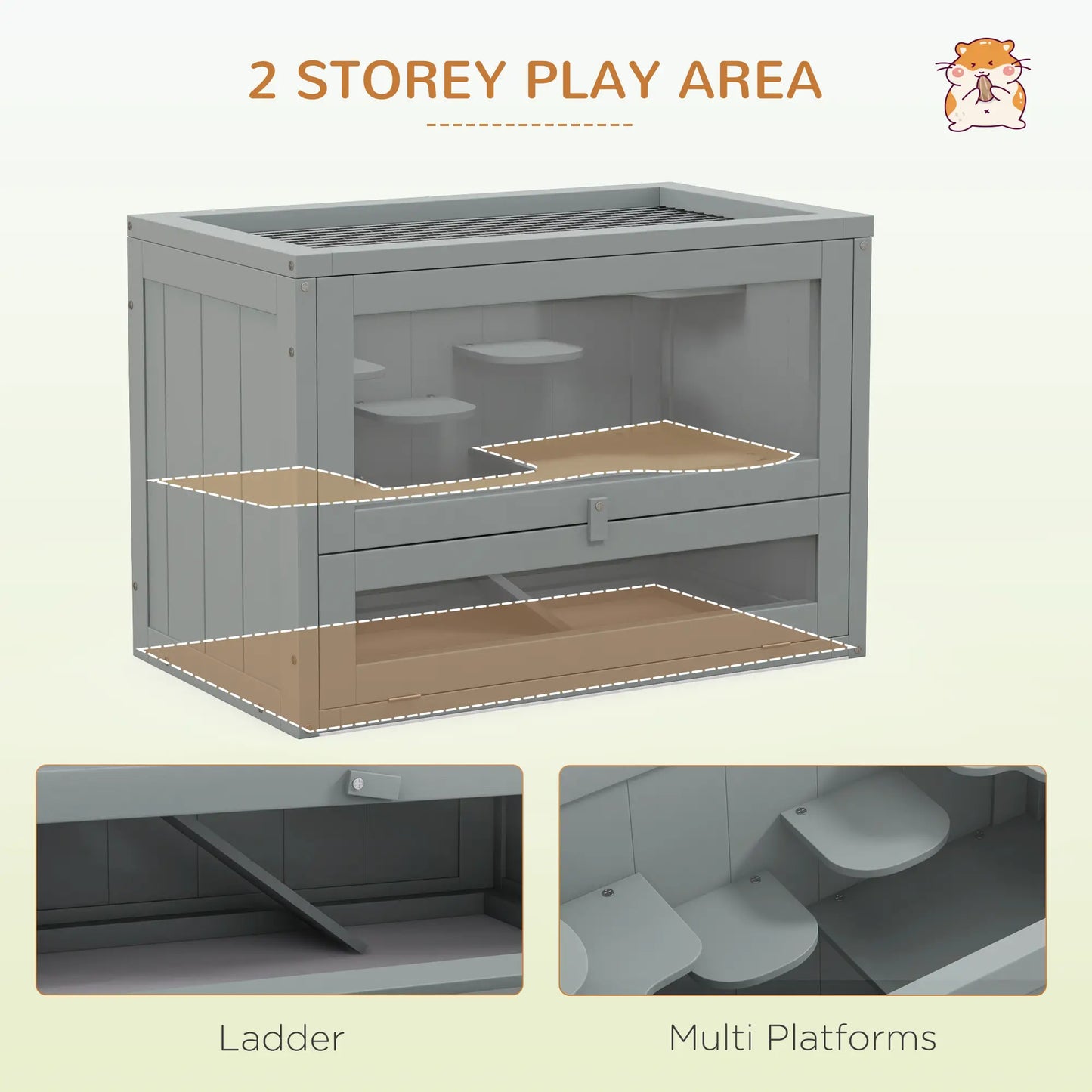 PawHut Wooden Hamster Cage Mouse Mice Rodent Small Animals Hutch Play House 60 x 35 x 42cm, Grey