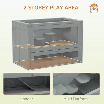 PawHut Wooden Hamster Cage Mouse Mice Rodent Small Animals Hutch Play House 60 x 35 x 42cm, Grey