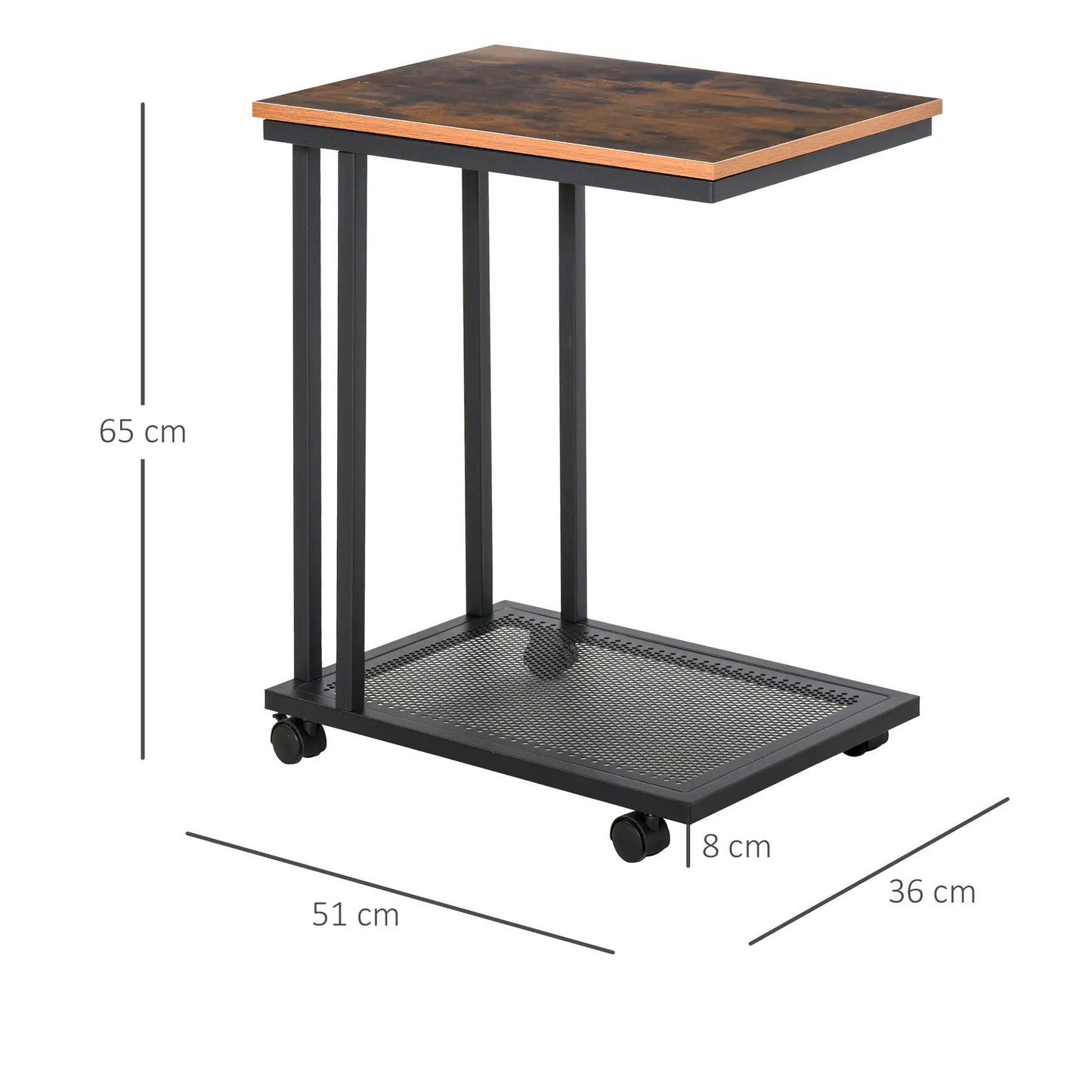 HOMCOM C Shaped Side Table with Wheels, Mobile End Table, Laptop Stand with Metal Frame & Storage Shelf, Rustic Brown