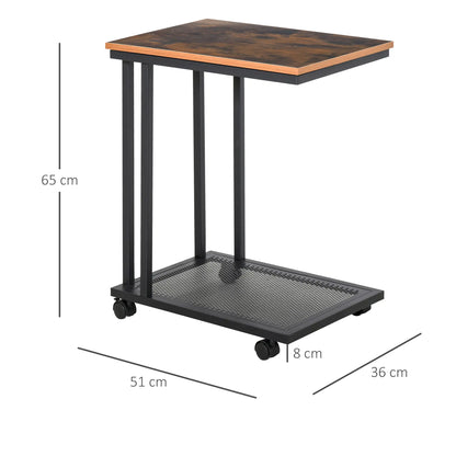HOMCOM C Shaped Side Table with Wheels, Mobile End Table, Laptop Stand with Metal Frame & Storage Shelf, Rustic Brown