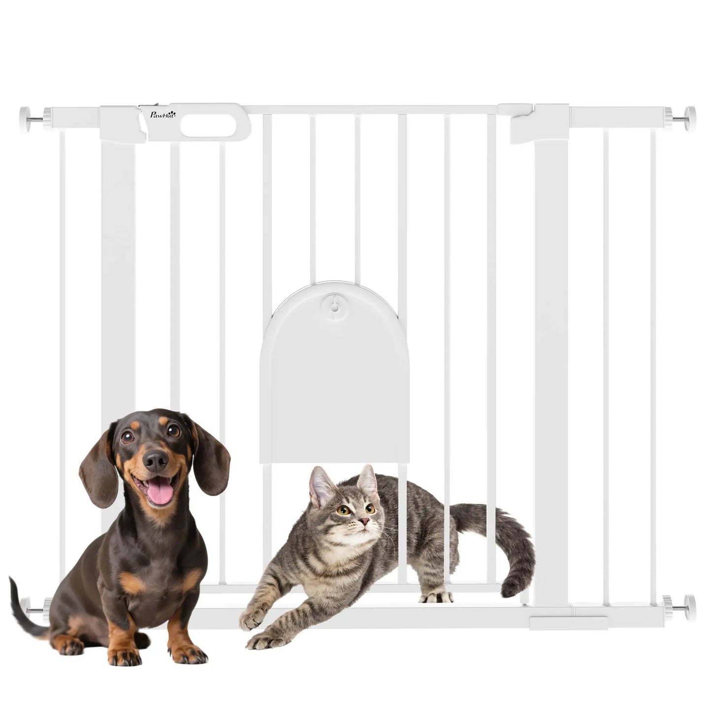 PawHut Dog Gate with Cat Flap Pet Safety Gate Barrier, Stair Pressure Fit, Auto Close, Double Locking, for Doorways, White